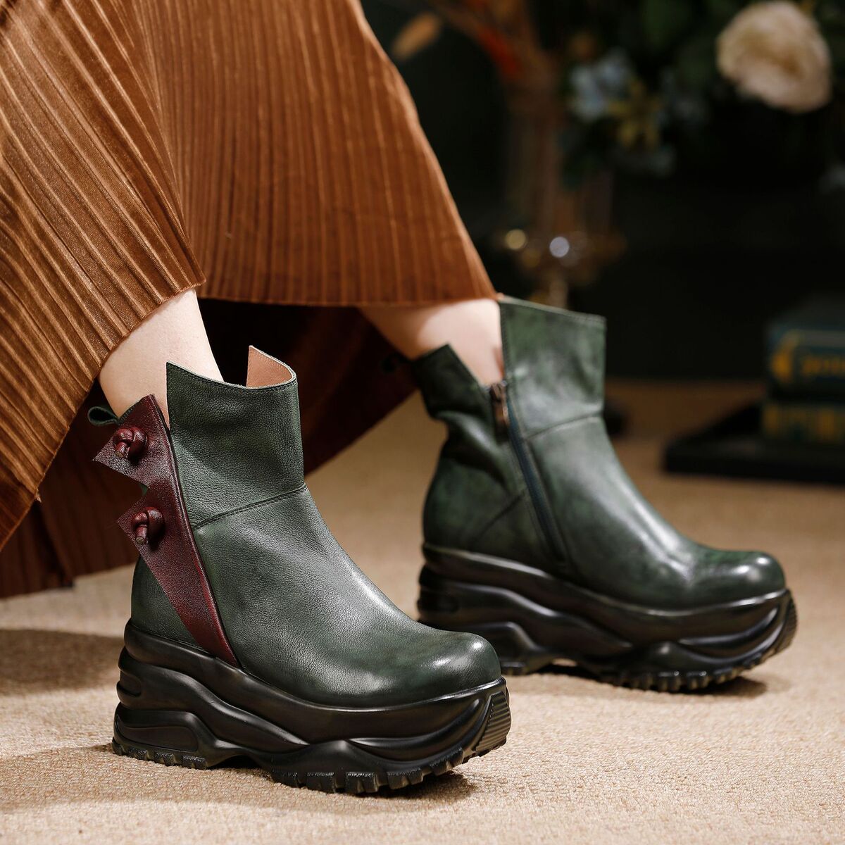 Boot nữ cổ thấp da bò thật đế dày tôn dáng thủ công — màu xám, xanh lá cây