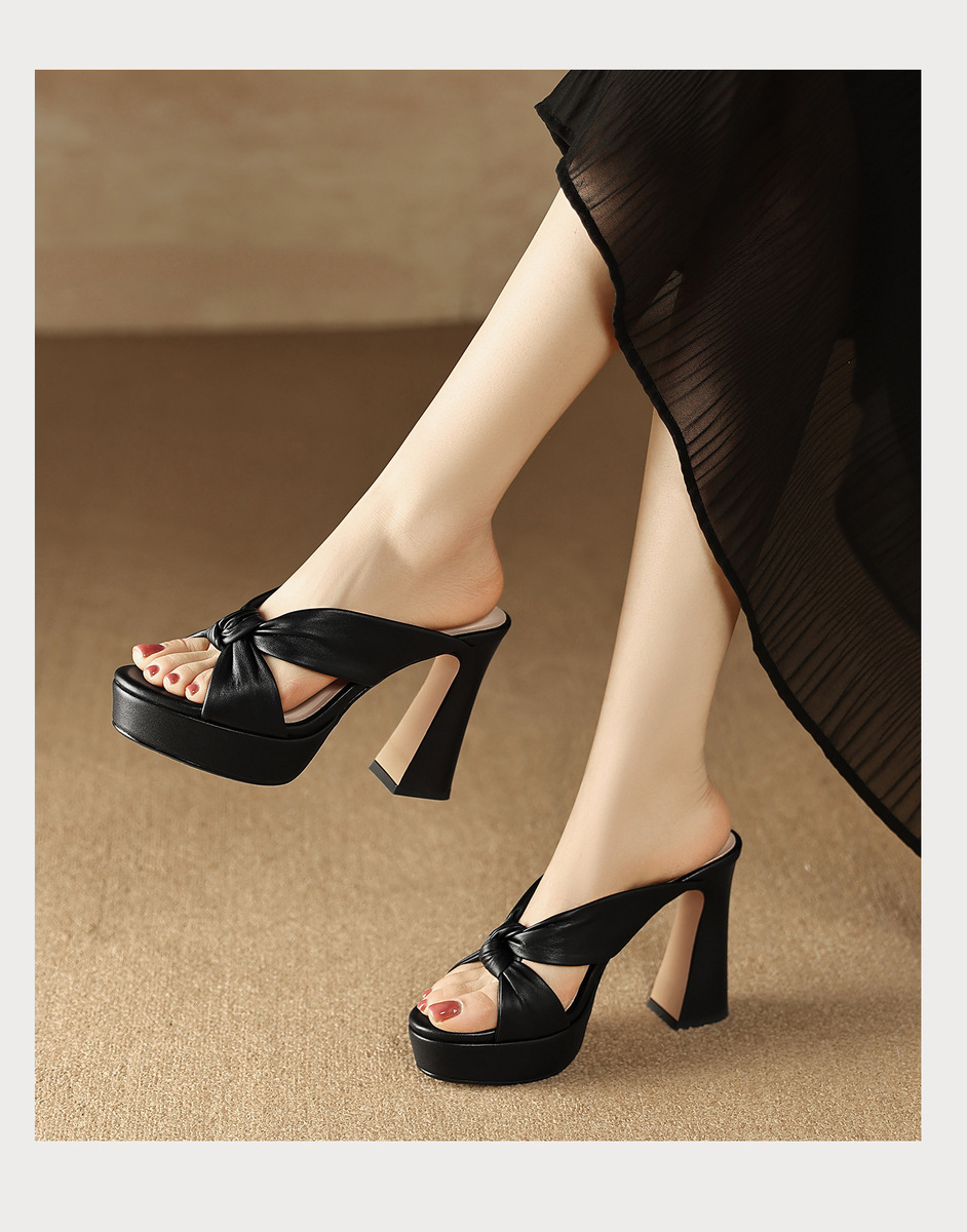 Sandal nữ quai ngang gót thô đế xuồng, mũi tròn da cừu, đi ngoài trời — Đen 10cm, Đen 8cm, Màu hồng 10cm, Màu hồng 8cm