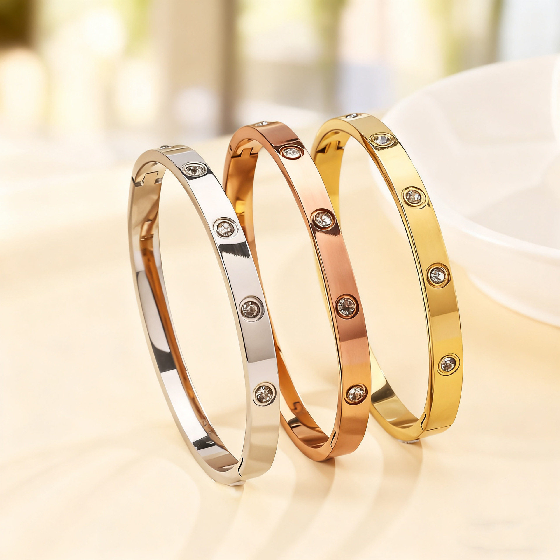 Light Luxury and High-End 6mm Non-Fading Ten-Diamond Titanium Steel Bracelet for Women, Versatile 18K Gold Baby's Breath Bracelet for Couples