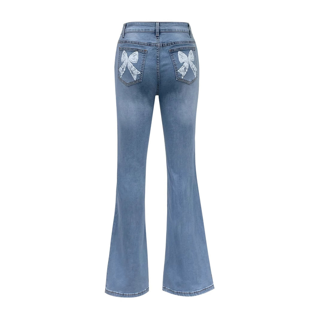Trendy Womens Denim Pants Bow Tie Print Casual Style Comfortable Fit Wholesale Available customizable