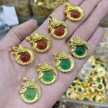 Gold-plated green chalcedony auspicious dragon pendant domineering dragon pendant clavicle chain light luxury necklace live welfare supply