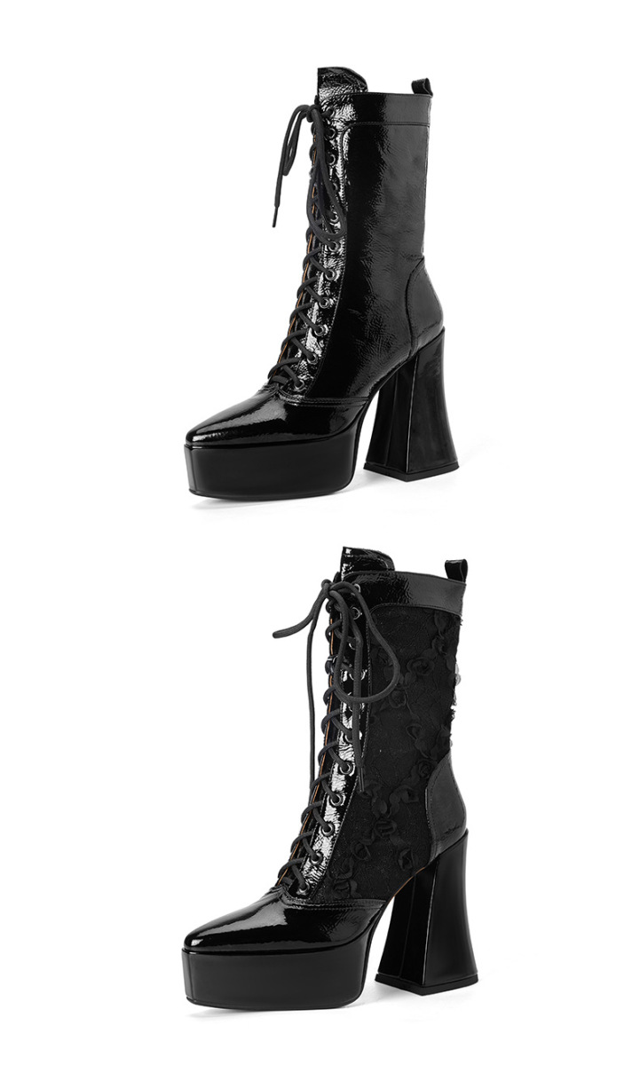 Boot nữ cao gót 12cm buộc dây phối ren đế dày cổ thấp — Da bò đen + lót nhung ren, Da bò đen + lót ren, Lớp lót bằng da bò màu đen
