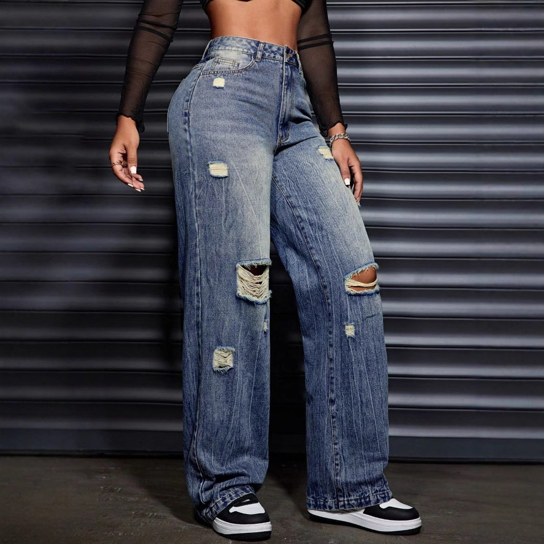 Womens Casual Loose Straight Leg Ripped Denim Jeans Comfortable Fit Stylish Design Versatile for Everyday Wear