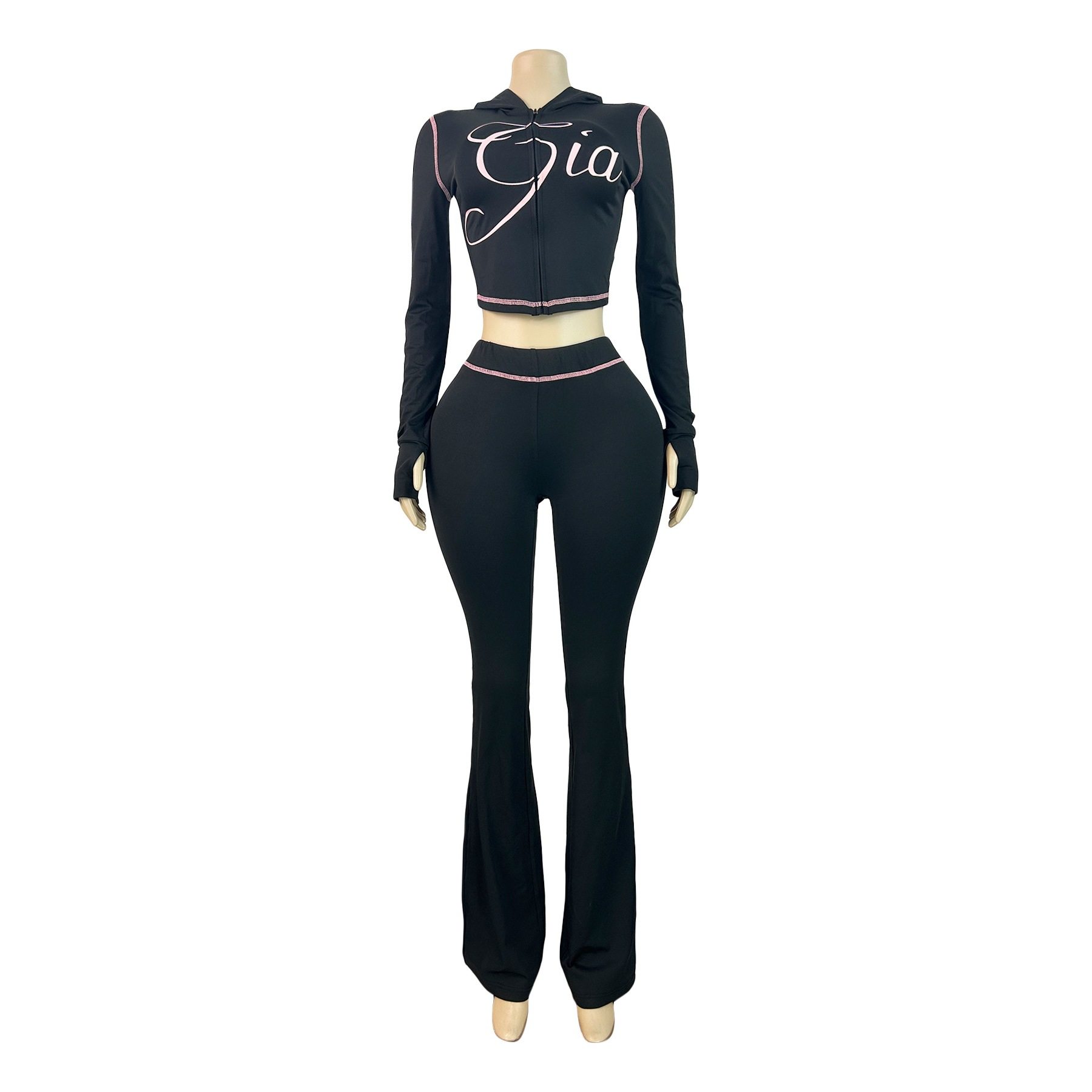 HR25071 欧美时尚女装跨境货源印花连帽长袖拇指扣微喇叭两件套装