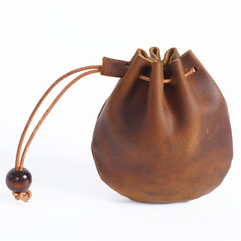 First-Layer Cowhide Drawstring Coin Purse, Retro Genuine Leather Coin Bag, Storage Bag, Drawstring Pocket Bag, Casual Hand-Held Small Purse