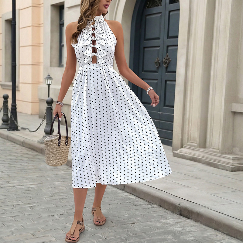 Vintage Sweet Hollow Bow Polka Dot Dress European Style Perfect for Parties and Special Occasions Wholesale Available