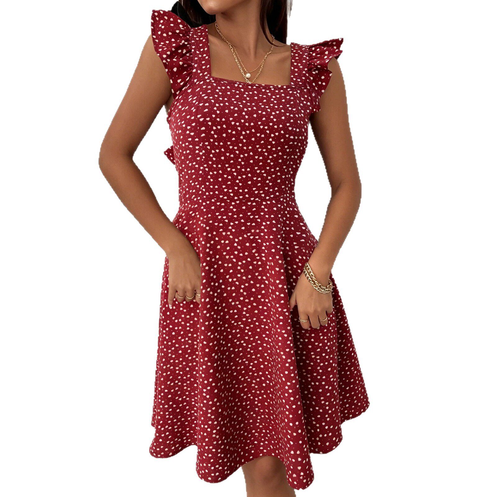 Summer A Line Dress Square Neck Heart Print Short Sleeve High Waist Slim Fit Perfect for Petite Figures