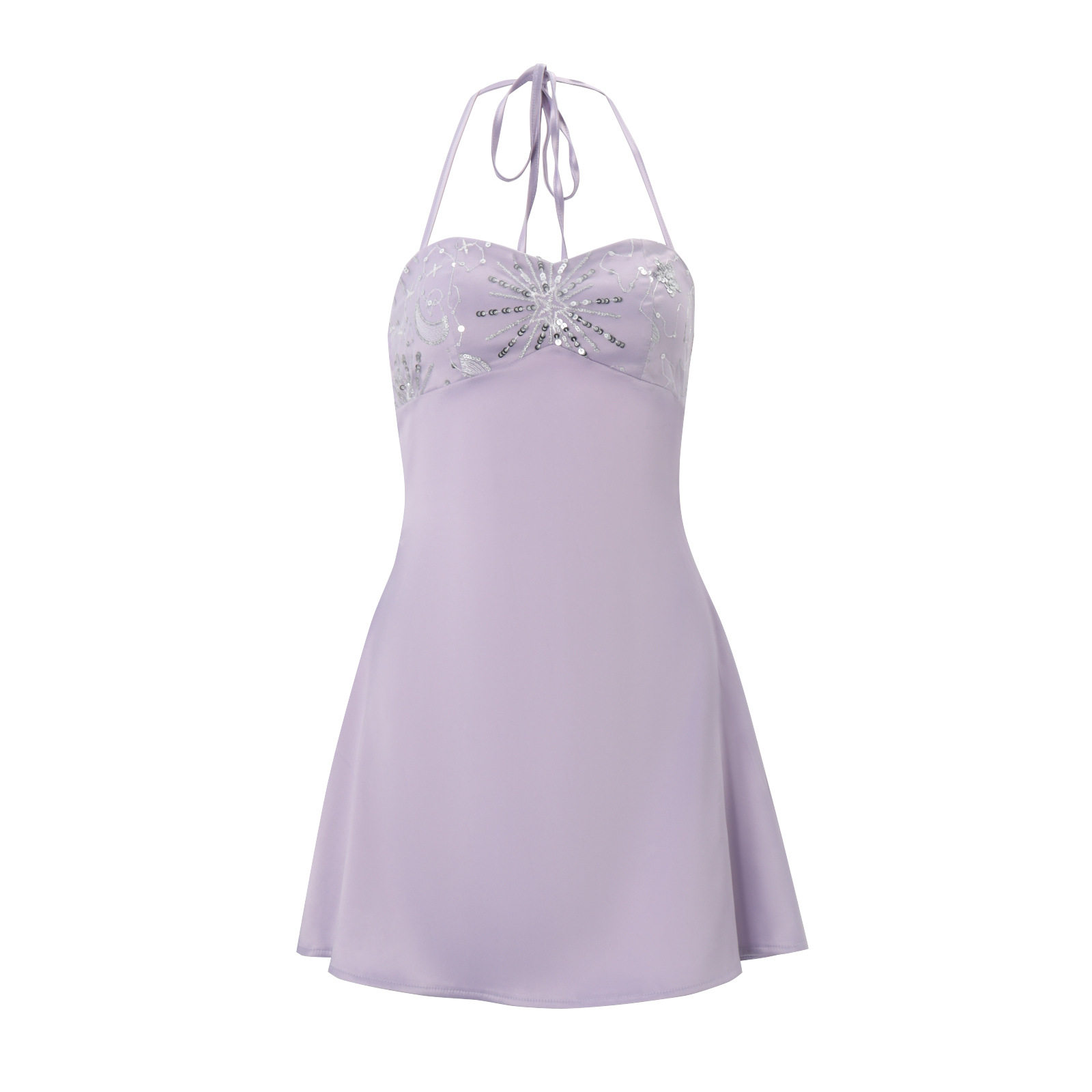 French Style Womens Summer Dress Elegant Hollow Embroidery Sequin Satin Halter Neck Perfect for Parties and Special