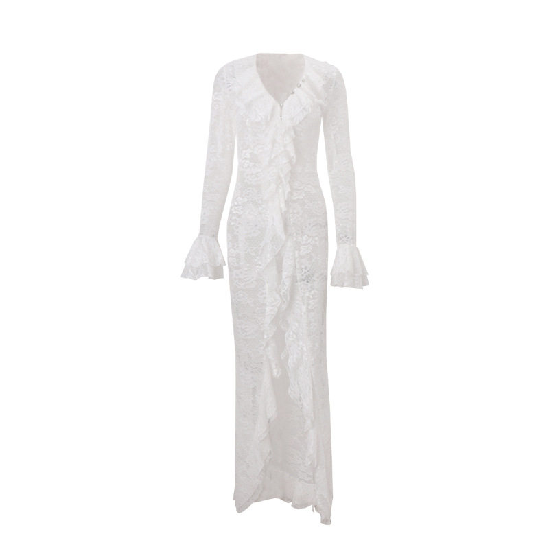 Elegant Lace Long Sleeve Dress Sexy Ruffled Hem Button Detail Split Design Summer Fashion for Parties Wholesale