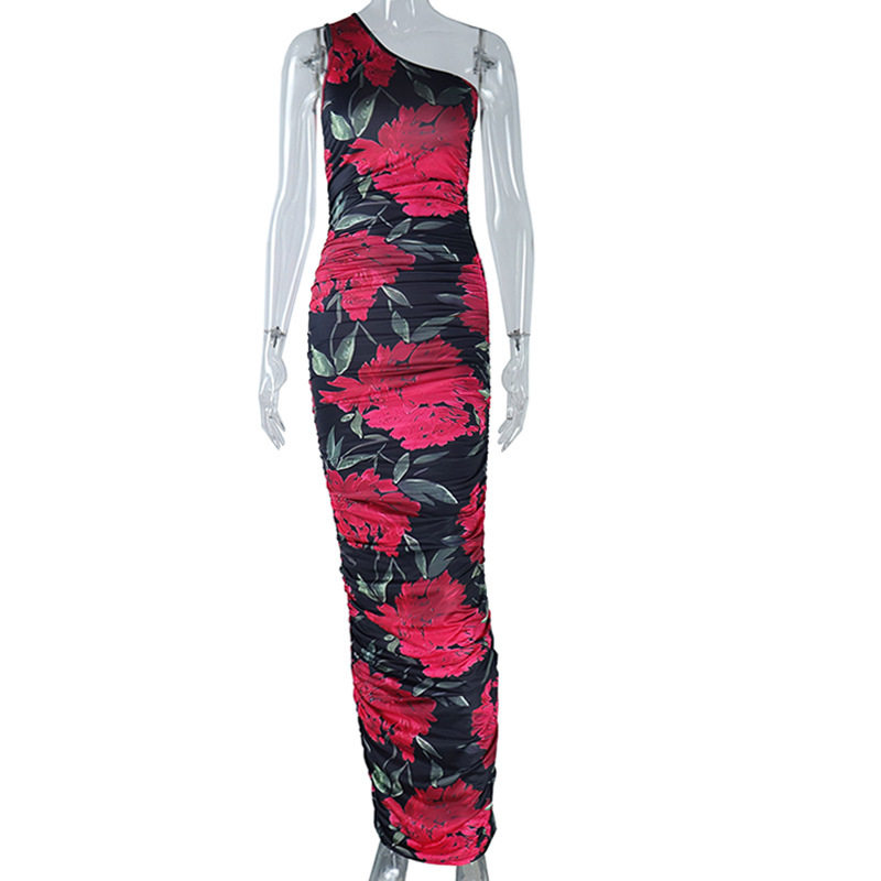 Sleeveless Asymmetrical Shoulder Dress Fashionable Floral Print Bodycon Fit Mid Length Casual Party Wear OEM