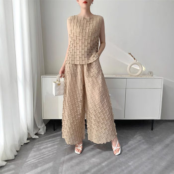 Miyake Style Handmade Pleated suit Women's Summer New Top Horn Trousers Comfortable Casual Design Sense Niche
