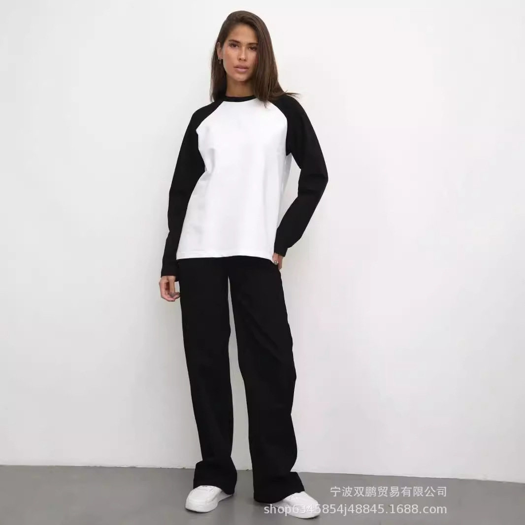 Womens Color Block Long Sleeve T Shirt Casual Loose Fit Round Neck Cotton Fabric Spring and Autumn Essential