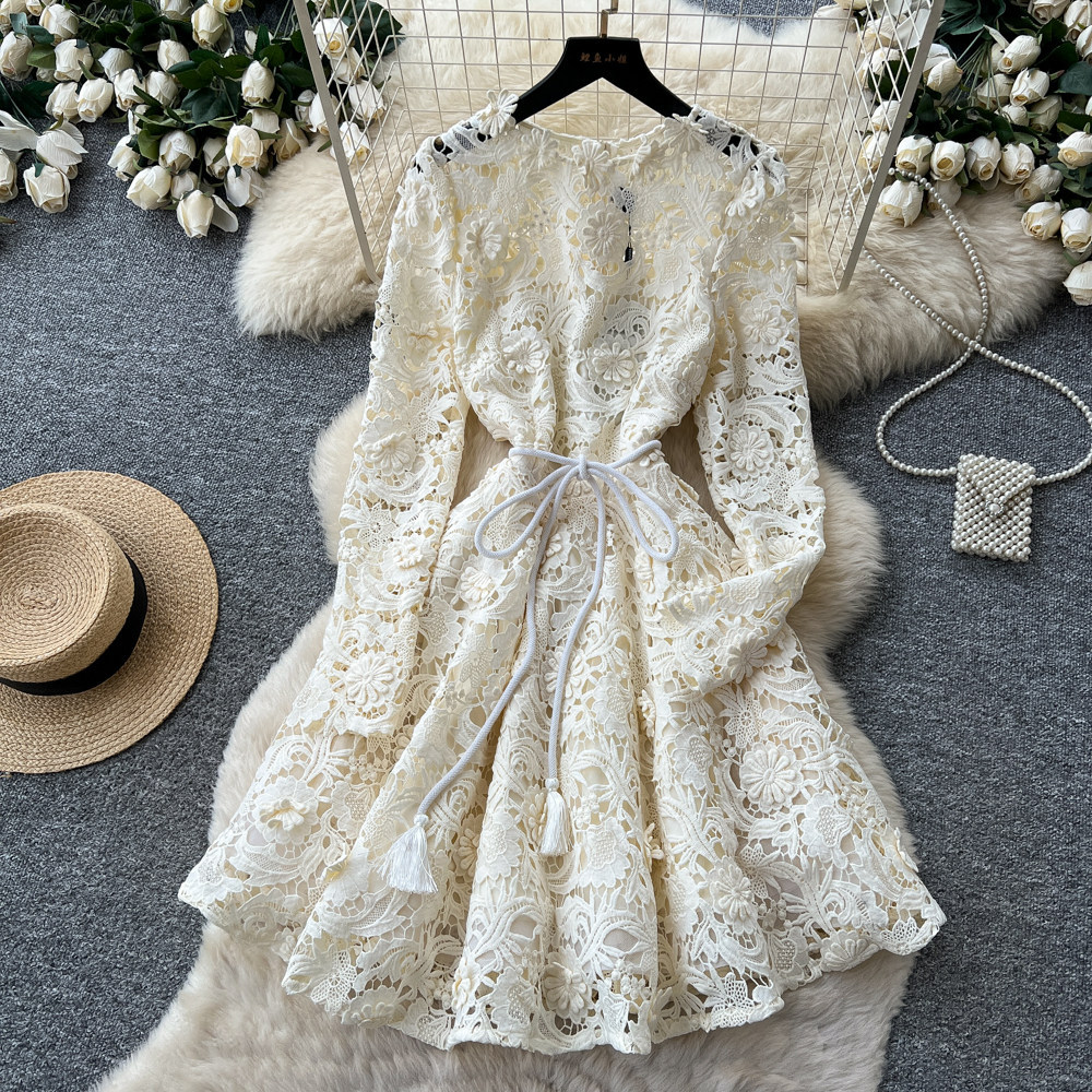 French Style Hollow Out Lace Dress Slim Fit Long Sleeve Waist Defining A Line Summer Elegance for Special Occasions