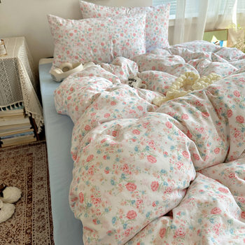 Ins Naked Sleeping Washed Cotton Four-Piece Set Class a Small Fresh Washed Cotton Bed Sheets Quilt Cover Bed Bed Sheets Bedding Dormitory