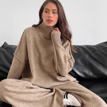 European Goods 2025 Autumn and Winter New Slimming Look Knitted Suit Women's Thickeneded Loose Turtleneck Sweater Wide-Leg Pants Two-Piece Set Trendy