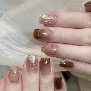 Handmade phototherapy nail art caramel chestnut wear nail wholesale finished product reuse nail art patch removable beauty