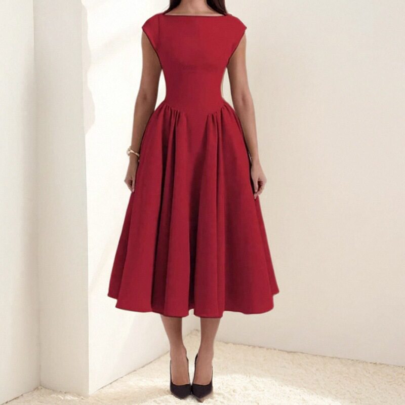 Elegant Sleeveless A Line Dress Solid Color Waist Defined Round Neck Spring Fashion for Women Wholesale Available