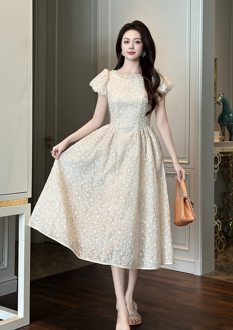 Đầm ren maxi nữ tay phồng eo cao dáng chữ A — [Hồng], [Mơ] chi tiết 10