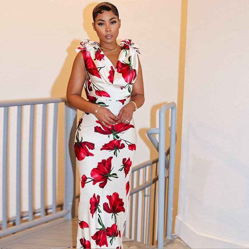 Elegant Floral Print Backless Long Dress Wrinkled Design Slim Fit Mid Waist Perfect for Parties and Special Occasions