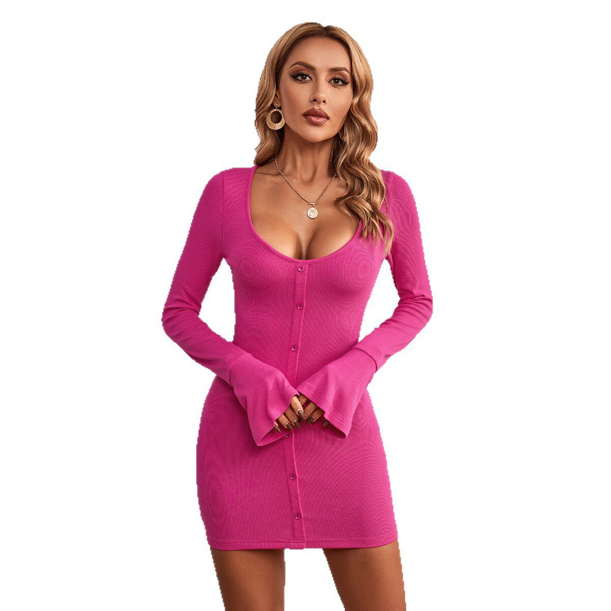 Bodycon Dress Sexy U Neck Long Sleeve Knitted Fabric Beach Vacation Style Wholesale Available
