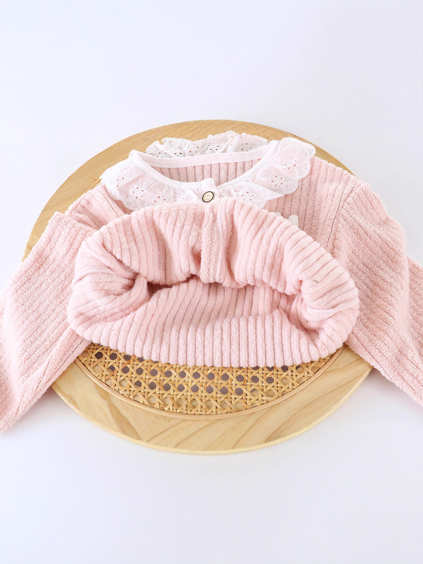 Baby Cute Bunny Loungewear, Girls' Flannel Thickened Pajamas, Autumn & Winter Lace-Trimmed Cardigan Two-Piece Set