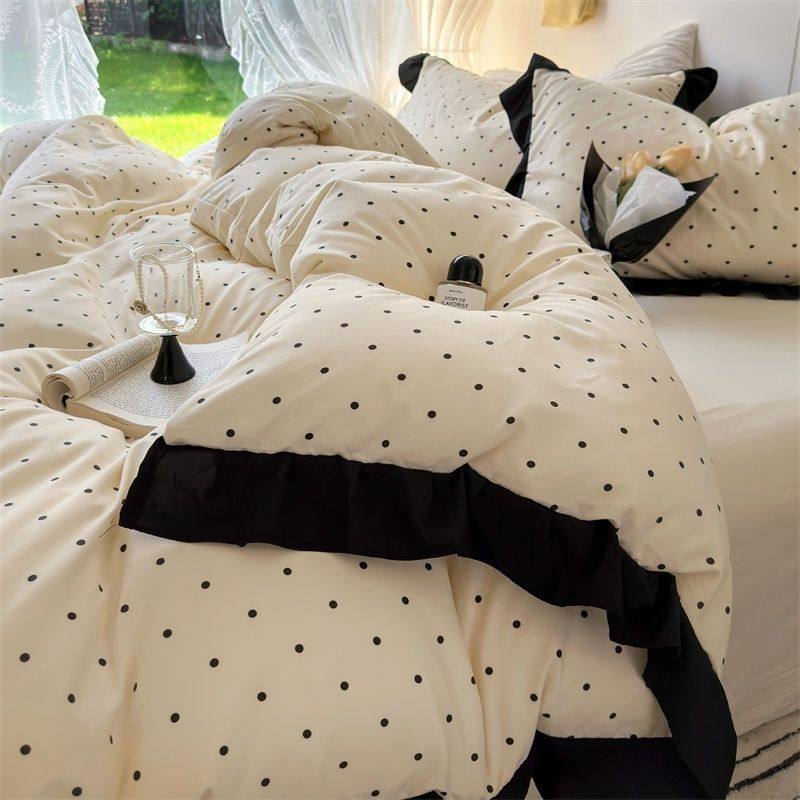 French-Style Gentle Girl Ins Lace Polka Dot Washed Cotton Four-Piece Bedding Set Solid Color Duvet Cover Three-Piece Set 1.8 Fitted Sheet