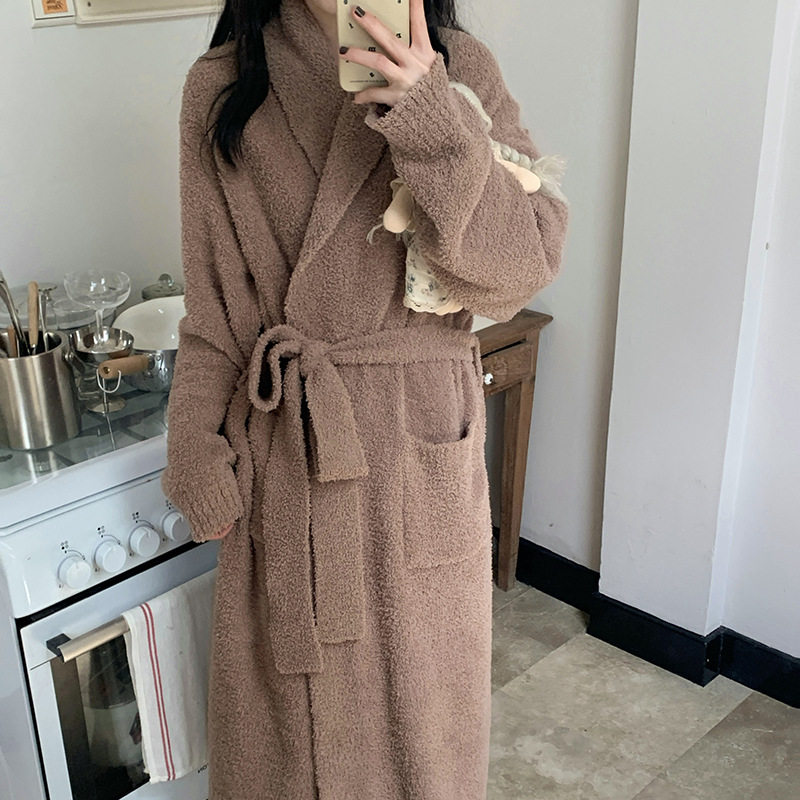 Pajamas for Women, Autumn and Winter Half-Velvet Fleece-Lined and Thickeneded Simple Brown Bathrobe, Winter Maternity Home Clothes That Can Be Worn Outside
