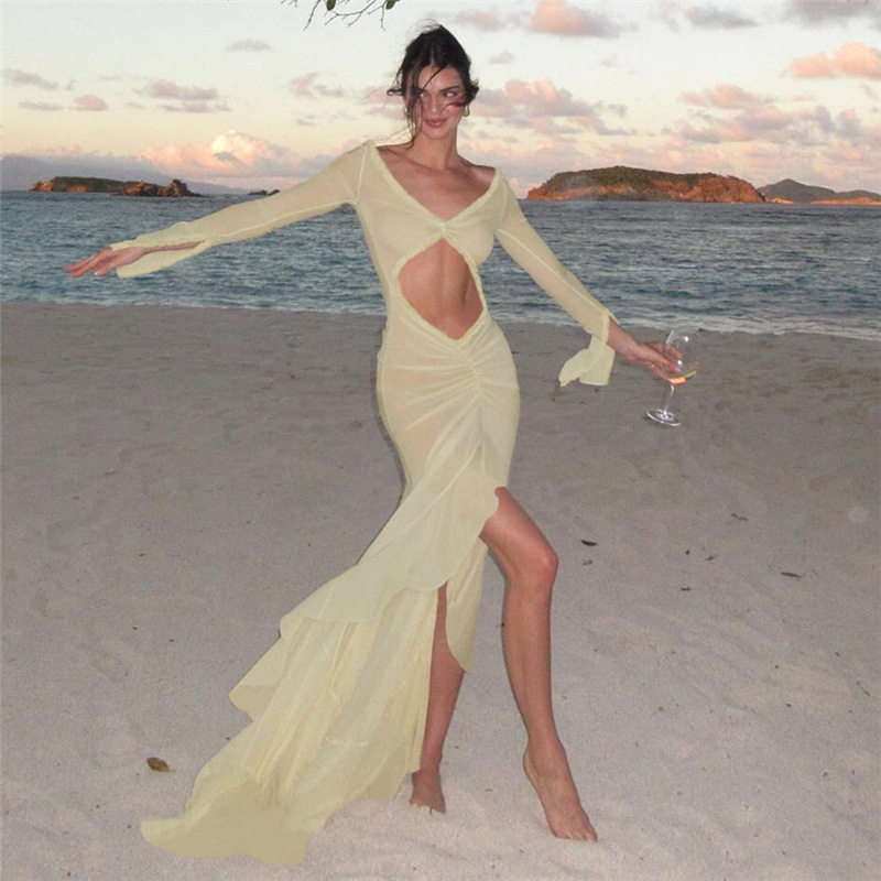 Summer Womens Dress V Neck Sheer Hollow Out Ruffled Lace Slim Fit Perfect for Parties and Events Wholesale