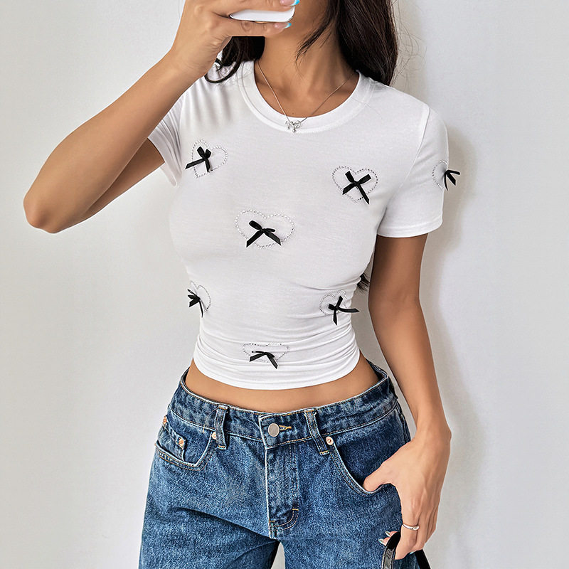Slim Fit Short Top with Bow and Heart Design Sexy Style for Trendy Women Perfect for Casual Outings Wholesale Available