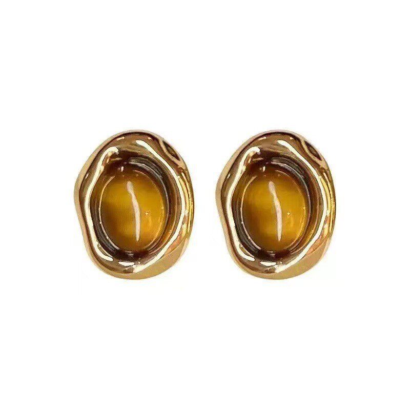 Caramel Chestnut Maillard Style Tiger Eye Stone Oval Earrings Women's Atmospheric Retro Autumn and Winter Earrings 2025 New