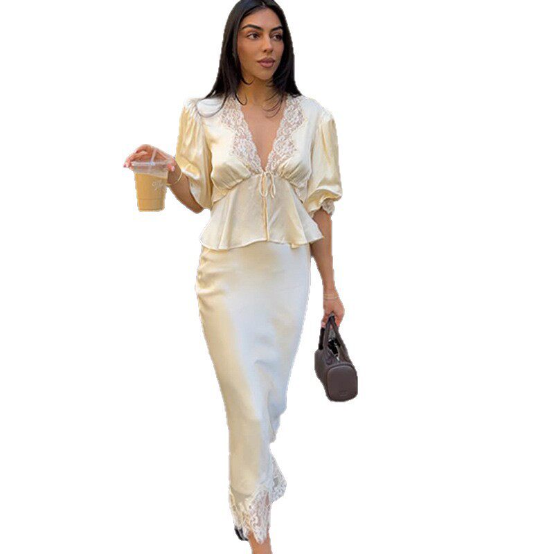 Summer French Lace Satin Set V Neck Top Slimming Midi Skirt Elegant Solid Color Outfit for Special Occasions