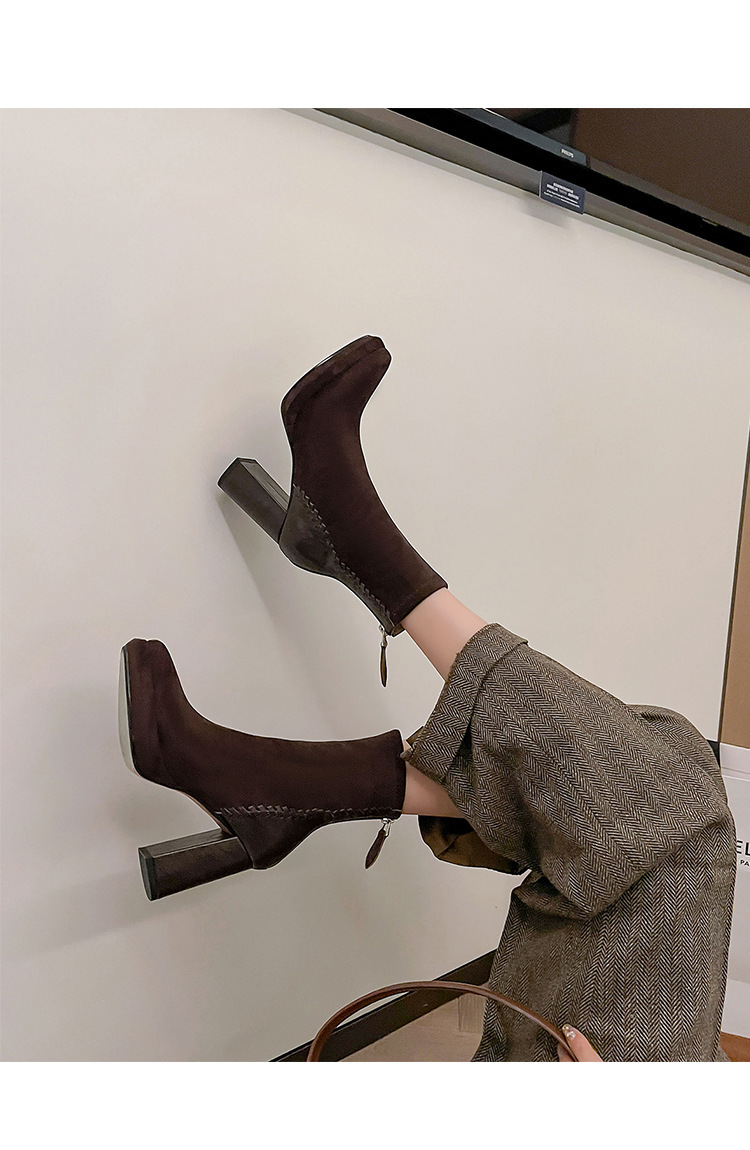 Boot nữ mũi nhọn gót thô cao 9cm cổ ngắn ôm chân phối da cừu — Lớp lót đơn màu đen, Lớp lót đơn màu nâu, Lót nhung đen, Lót nhung màu nâu