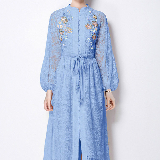 French Vintage Embroidered Dress Beaded Sequined Waist Tie Lantern Sleeves Elegant Autumn Long Dress Wholesale