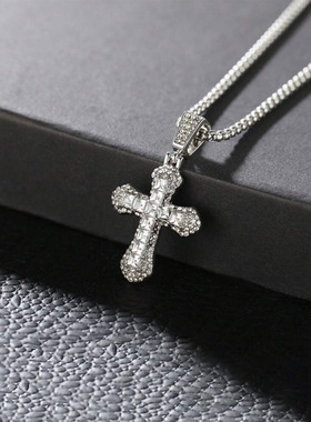 跨境新款带钻十字架吊坠项链秋冬季长款毛衣链街头嘻哈项链