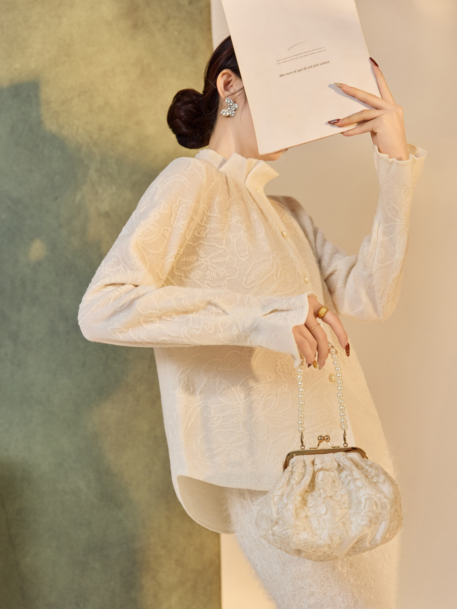 Áo sơ mi nữ dài tay cổ ren phong cách retro thanh lịch — Gạo ánh trăng (giao hàng 7 ngày)