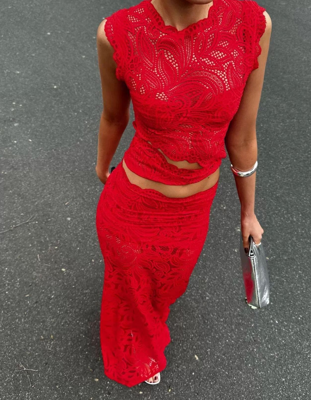 Red Lace Sleeveless Top with Asymmetrical Hem Sexy Design Mermaid Skirt Evening Wear Party Outfit Wholesale