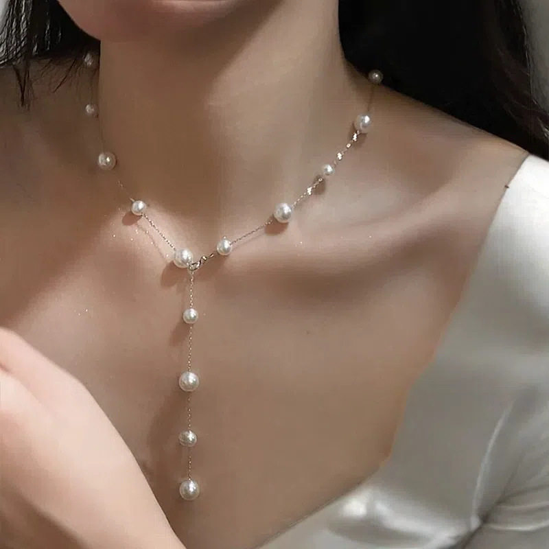 Titanium Steel Non-Fading French Retro Pearl Tassel Necklace Women's Accessible Luxury Elegant High-End Clavicle Chain Niche Design