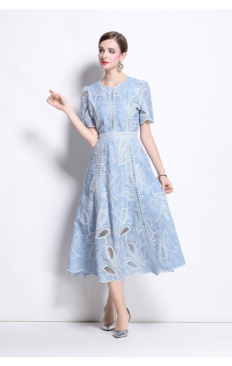 French Style Womens Dress Elegant Hollow Embroidery Waist Defining Slim Fit Summer Long Dress for Special Occasions