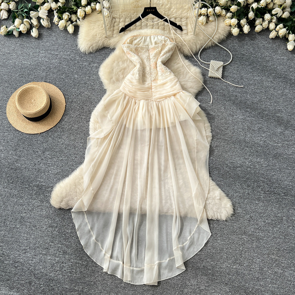 French Chic Two Piece Set Luxurious Lace Tulle Skirt Irregular Hem Waist Cinching Design Summer Fashion for Elegant