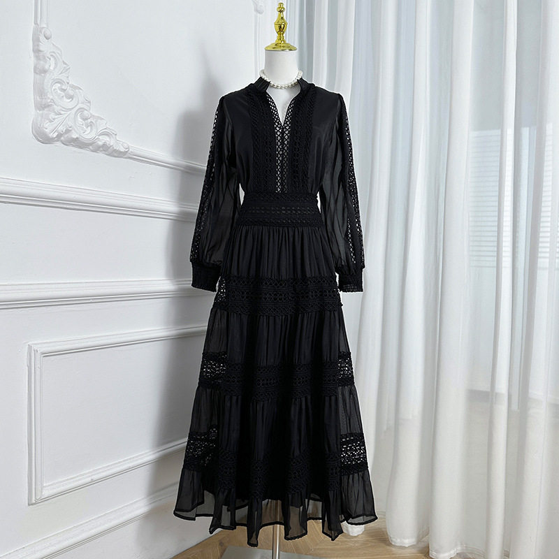 Elegant Womens Long Sleeve V Neck Dress French Lace Panel Ruffled Hem Waist Defined Autumn Fashion Wholesale