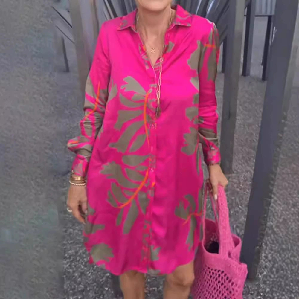 Womens Long Sleeve Floral Print V Neck Bell Sleeve Shirt Dress Mid Length Trendy Design Perfect for Casual Outings