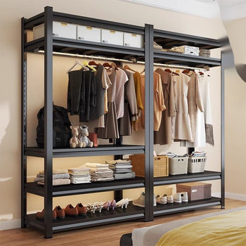 Wardrobe Hanger Shelf Dust-Proof Curtain Open Cloakroom Bedroom Simple Angle Steel Household Floor-Standing Multi-Layer Storage Rack