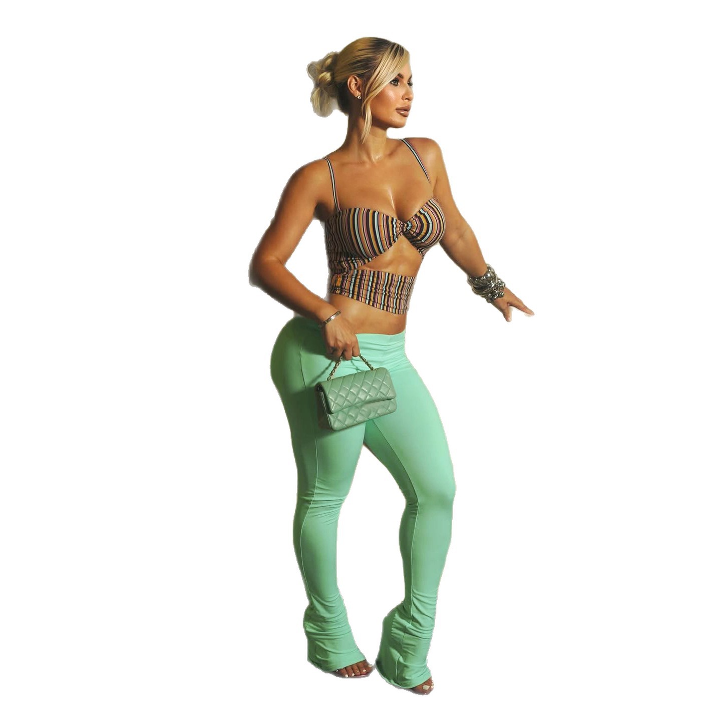 Womens Summer Two Piece Set Fashionable Strapless Top Fitted Flare Pants Chic Style Perfect for Casual Outings