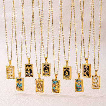 Ins Popular Style Retro Stainless Steel Necklace Non-Fading Rectangular Oil Dripping Zircon Tarot Card Pendant Clavicle Chain for Women