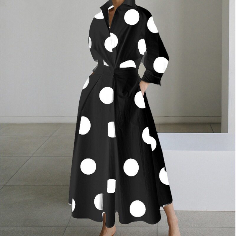 Plus Size Fashionable Polo Collar Dress Loose Fit Three Quarter Sleeves Flared Hem Ideal for Commuting Wholesale