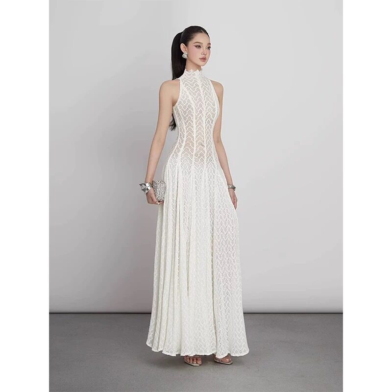 Đầm maxi nữ thắt eo cổ tròn không tay ren rỗng phong cách Pháp — Trắng (bộ 2 chiếc), Đen (bộ 2 chiếc) chi tiết 7