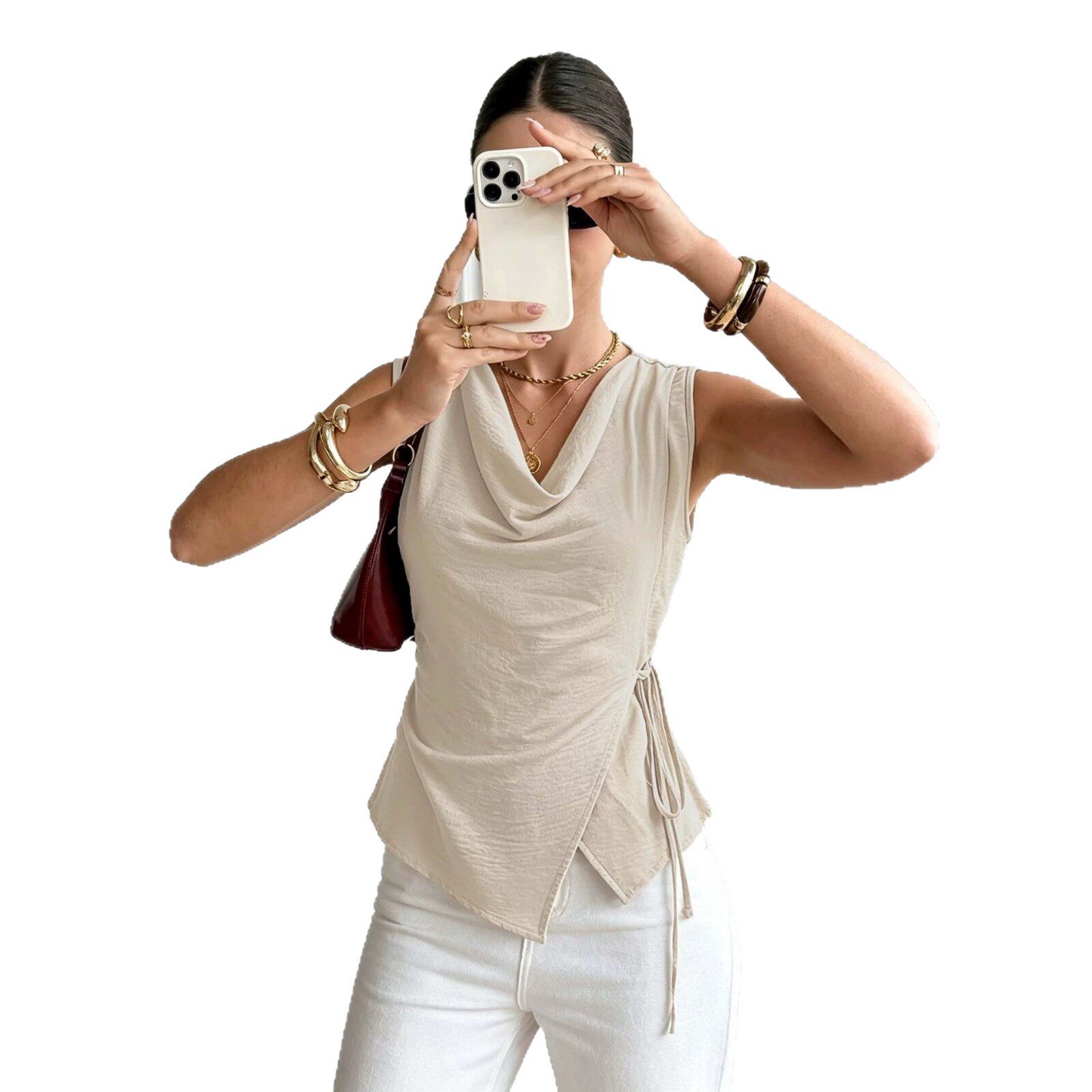 Sleeveless French Style Top Adjustable Drawstring Waist Irregular Hem Elegant Design Perfect for Office and Casual