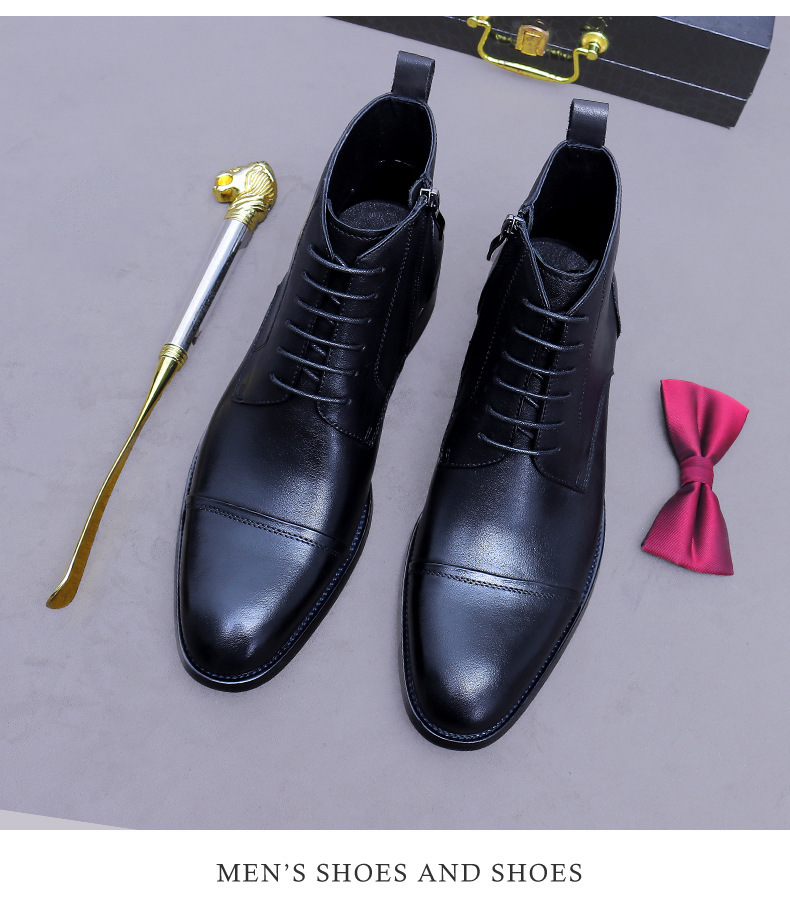 Giày boot nam cổ thấp da bò thật dây kéo phong cách công sở — đen, nâu