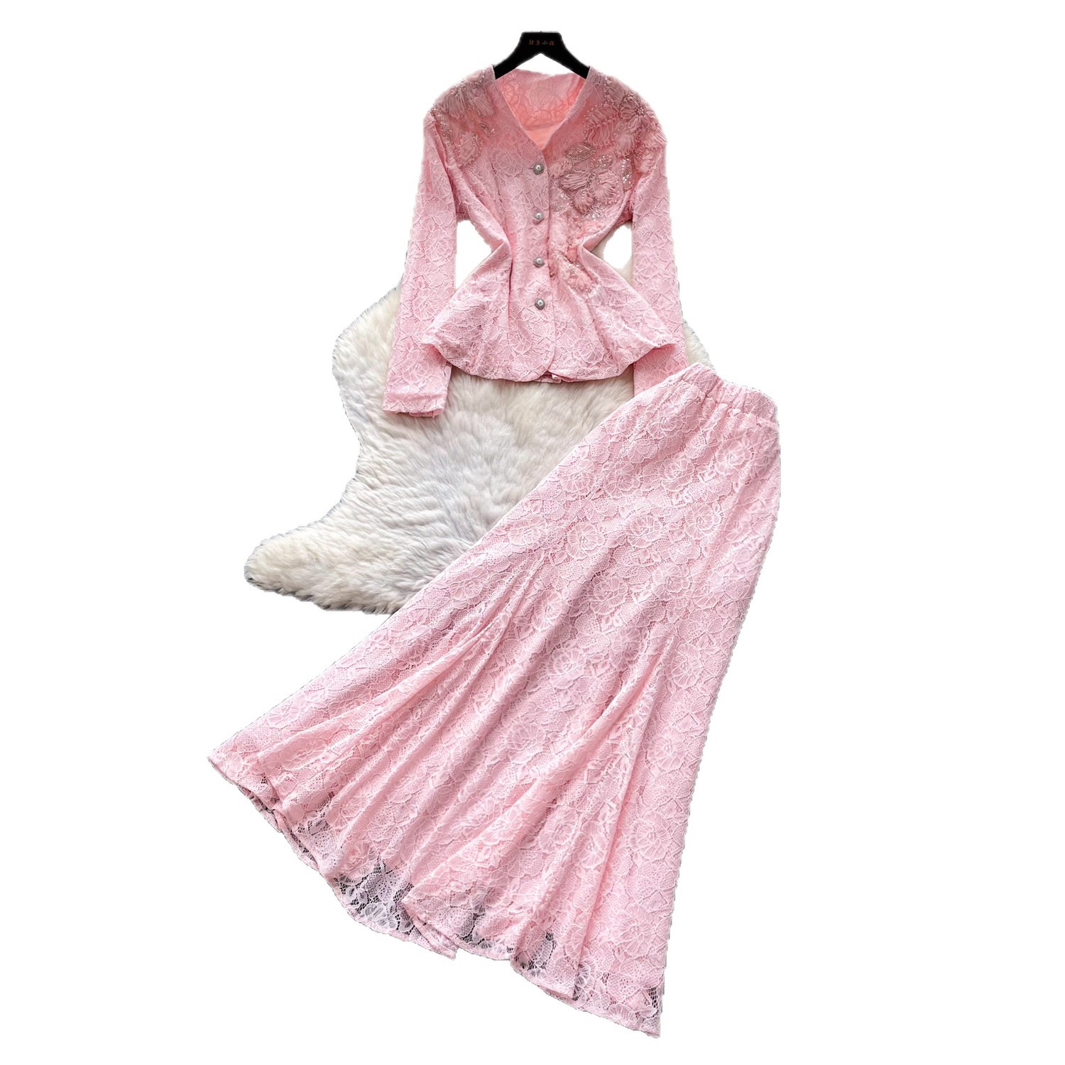 French Elegant V Neck Embroidered Lace Two Piece Set Beaded Detailing Slim Fit Autumn Office Wear Wholesale Available