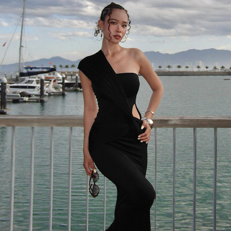 Off Shoulder Bodycon Dress Sexy Hollow Out Color Block Design Slim Fit Autumn Winter Fashion Wholesale Available